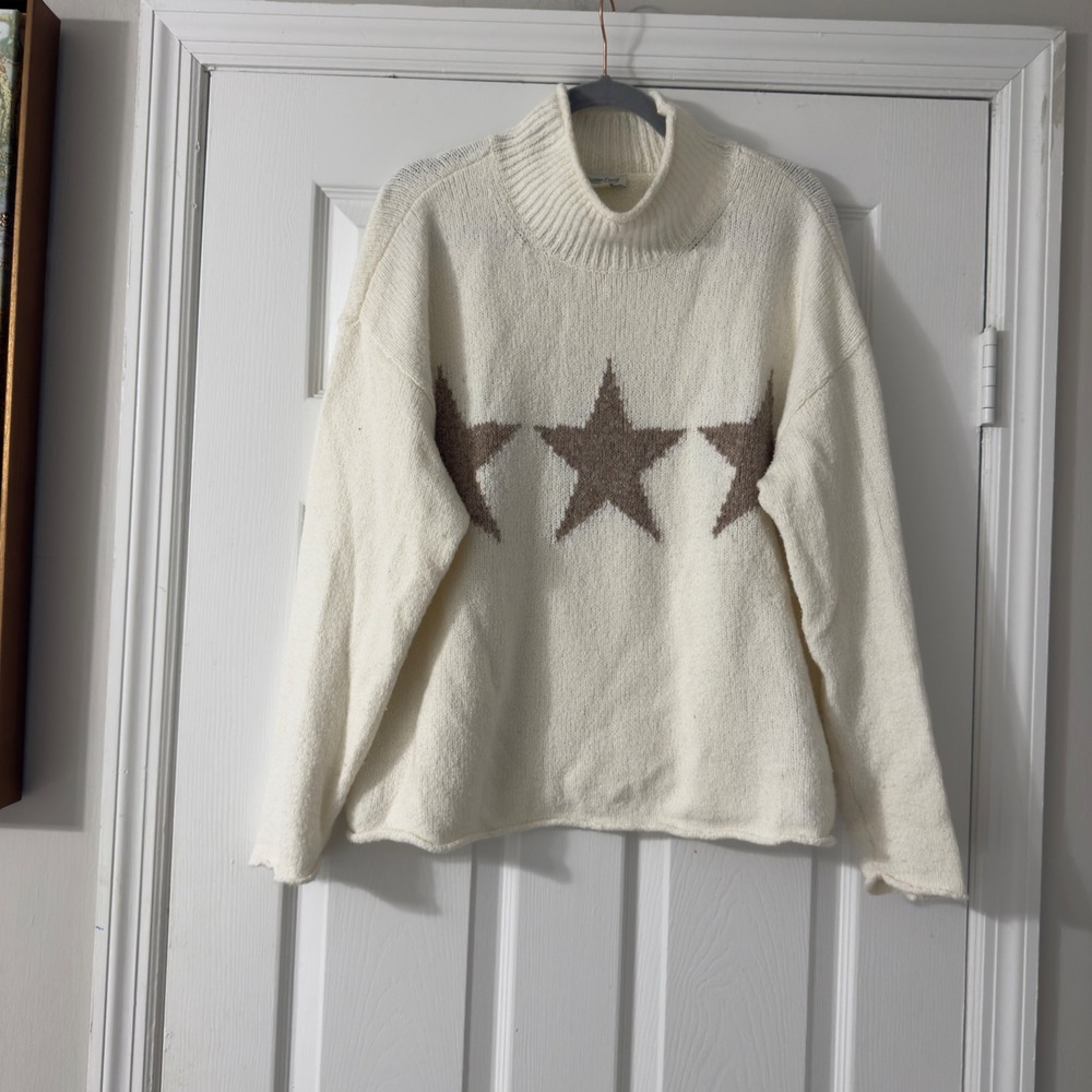 Coldwater Creek Women's Large Star Mock Neck Sweater Cream Brown Oversized